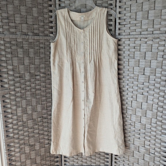 L.L. Bean Dresses & Skirts - LL Bean Shift Dress Beige Pintuck Button Front Linen Sz 12 Lagenlook Minimalist